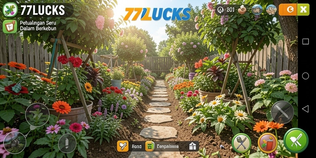 Tangkapan layar dari gameplay seru 77LUCKS yang menggambarkan suasana pertanian.