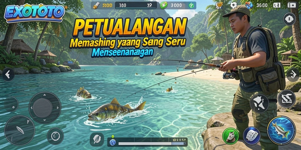 Tangkapan layar gameplay EXOTOTO yang menunjukkan momen memancing.