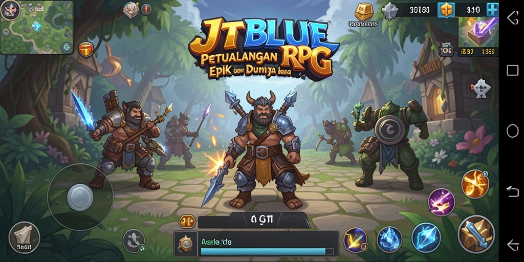 Screenshot JTBLUE menunjukkan pertarungan epik di dunia RPG.
