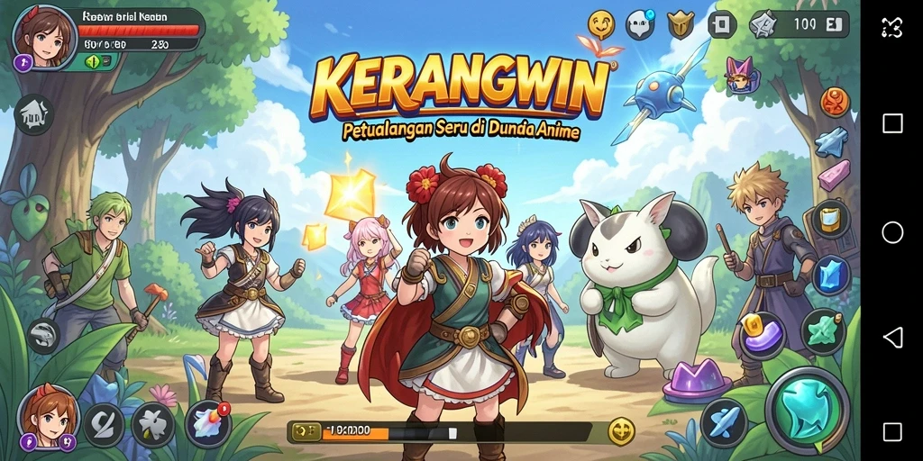 Tangkapan layar gameplay KERANGWIN menampilkan pertarungan seru karakter Anime.