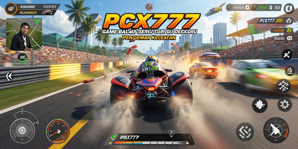 Tampilan gameplay seru dalam balapan PCX777 dengan mobil yang beragam.